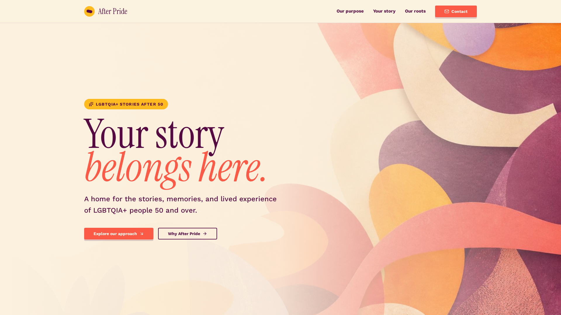After Pride website with its Your story belongs here welcome and colorful abstract artwork